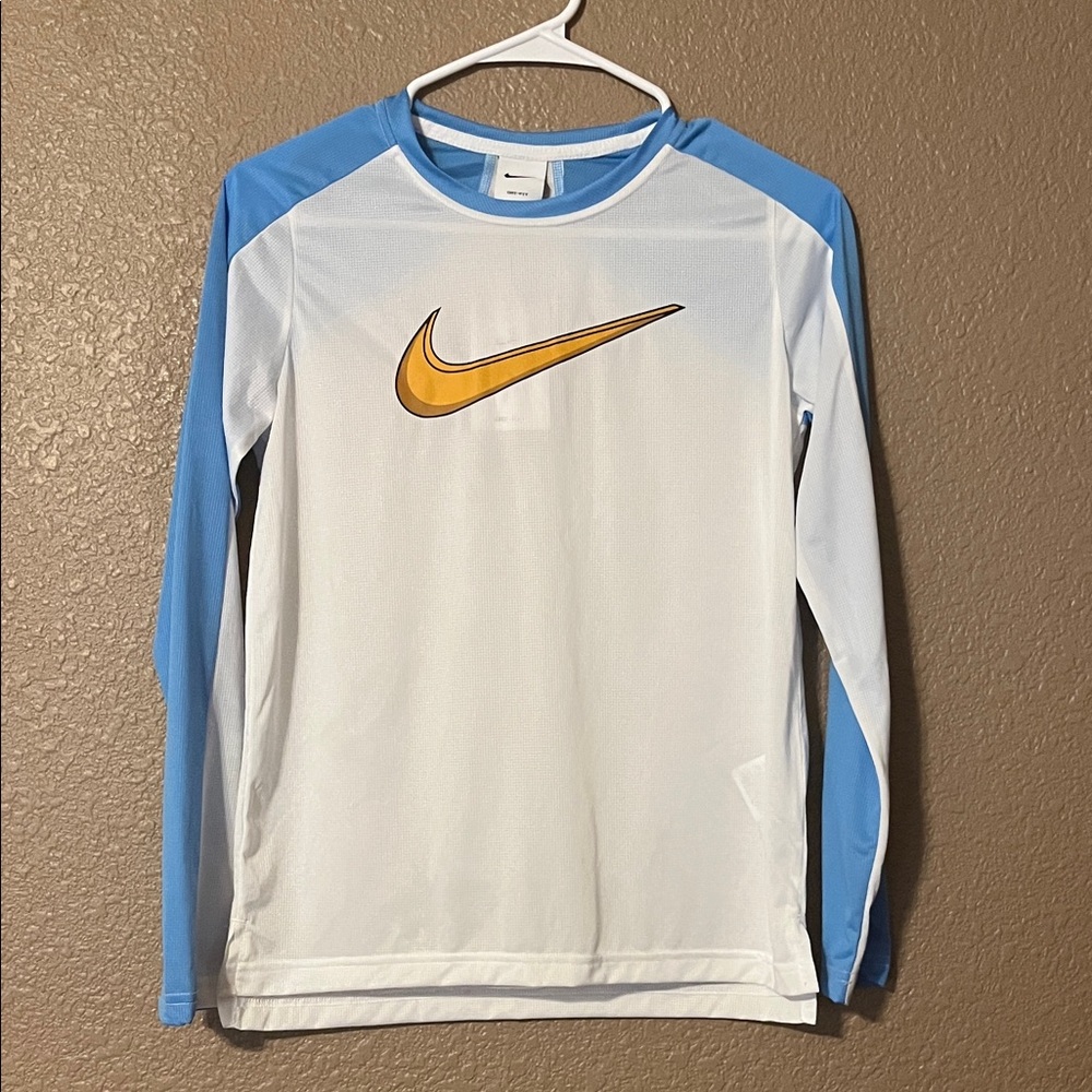 Nike White and Blue Boys Long Sleeve Dri Fit Training with Yellow Swoosh